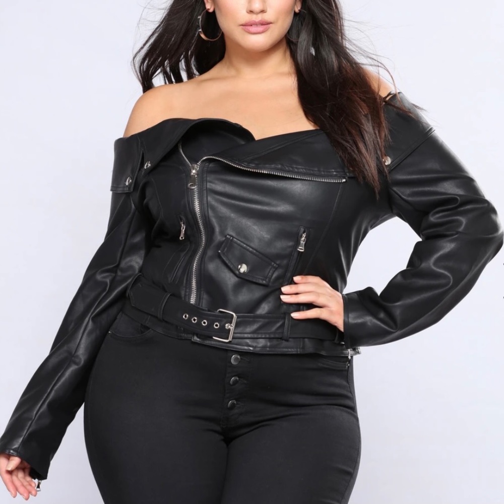 Off Shoulder Faux Leather Jacket